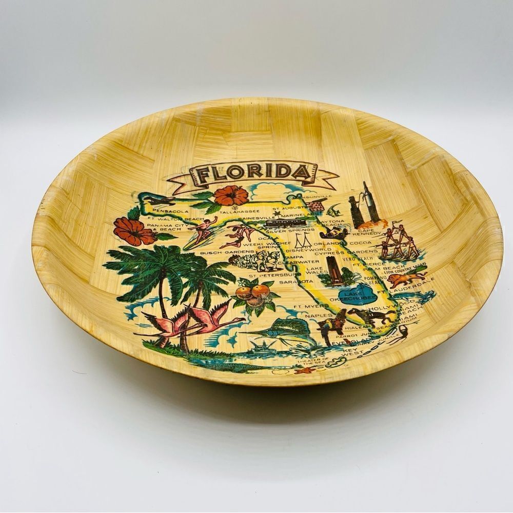 Vintage Large Bamboo Florida Souvenir Bowl